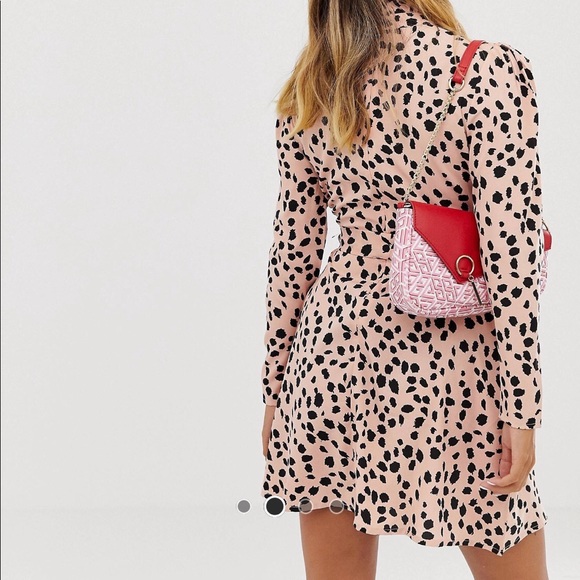 ASOS Pink Dalmatian Long Sleeve Tie Waist Dress - Picture 2 of 4
